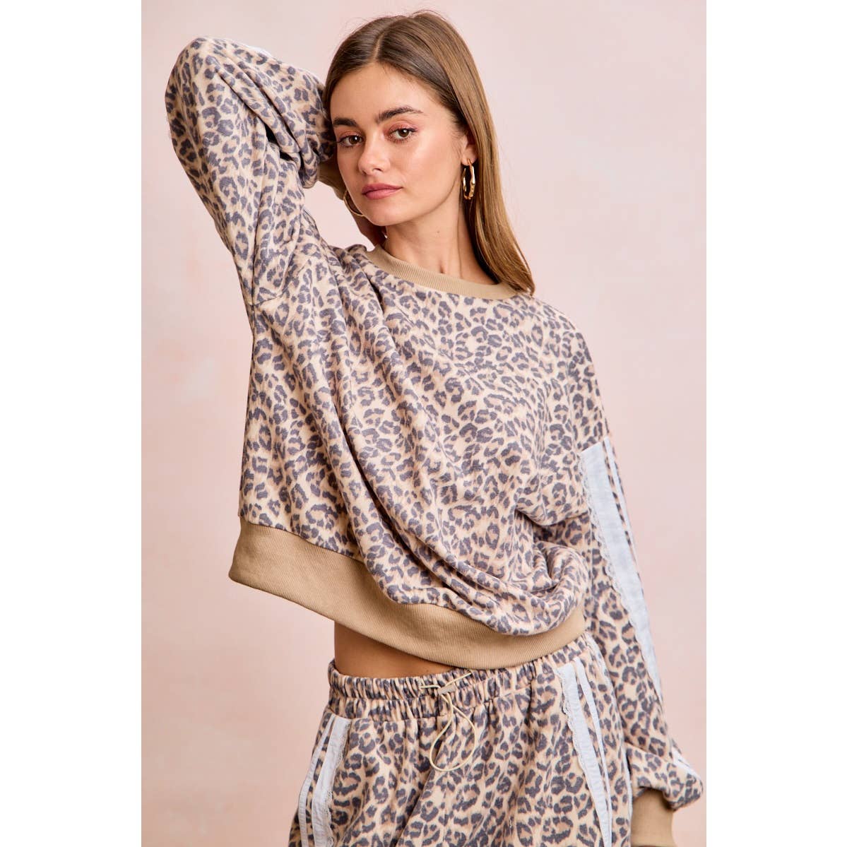 LEOPARD FRENCH TERRY LACE CONTRAST SWEATSHIRT TOP
