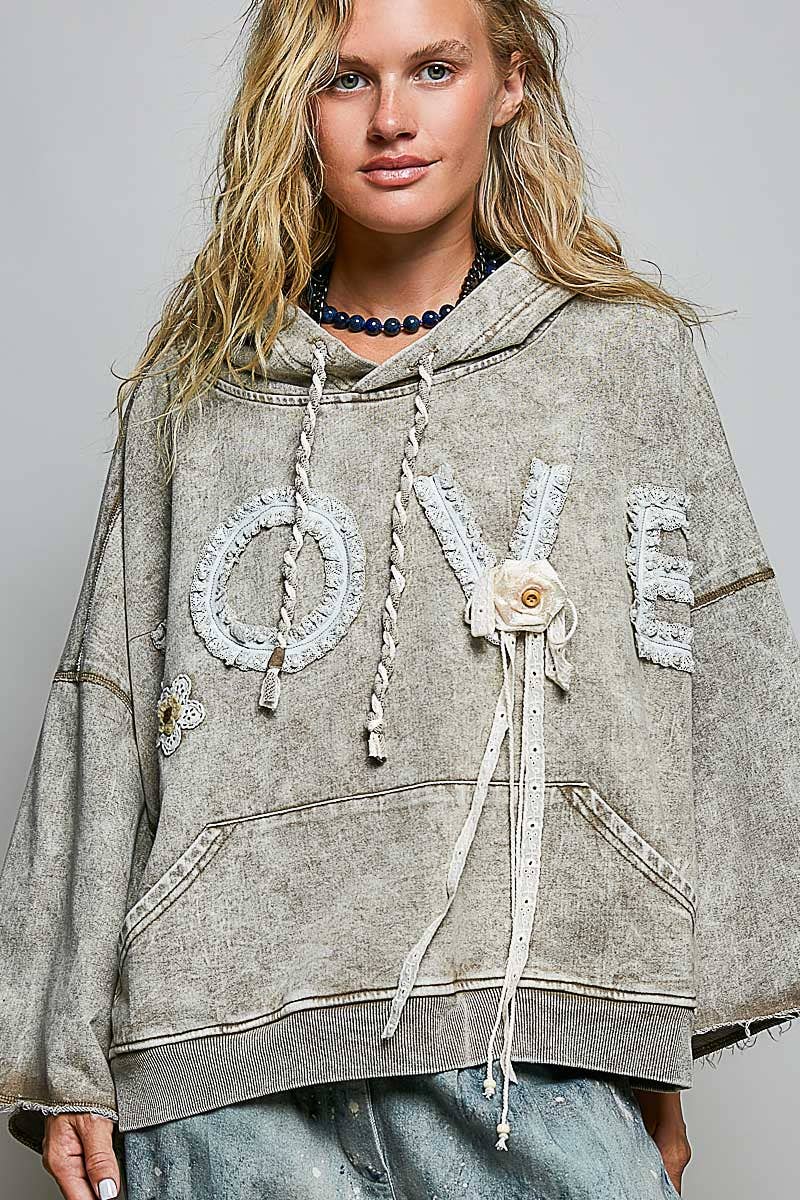 Vintage-washed French Terry LOVE Lace Crochet Patch Hoodie