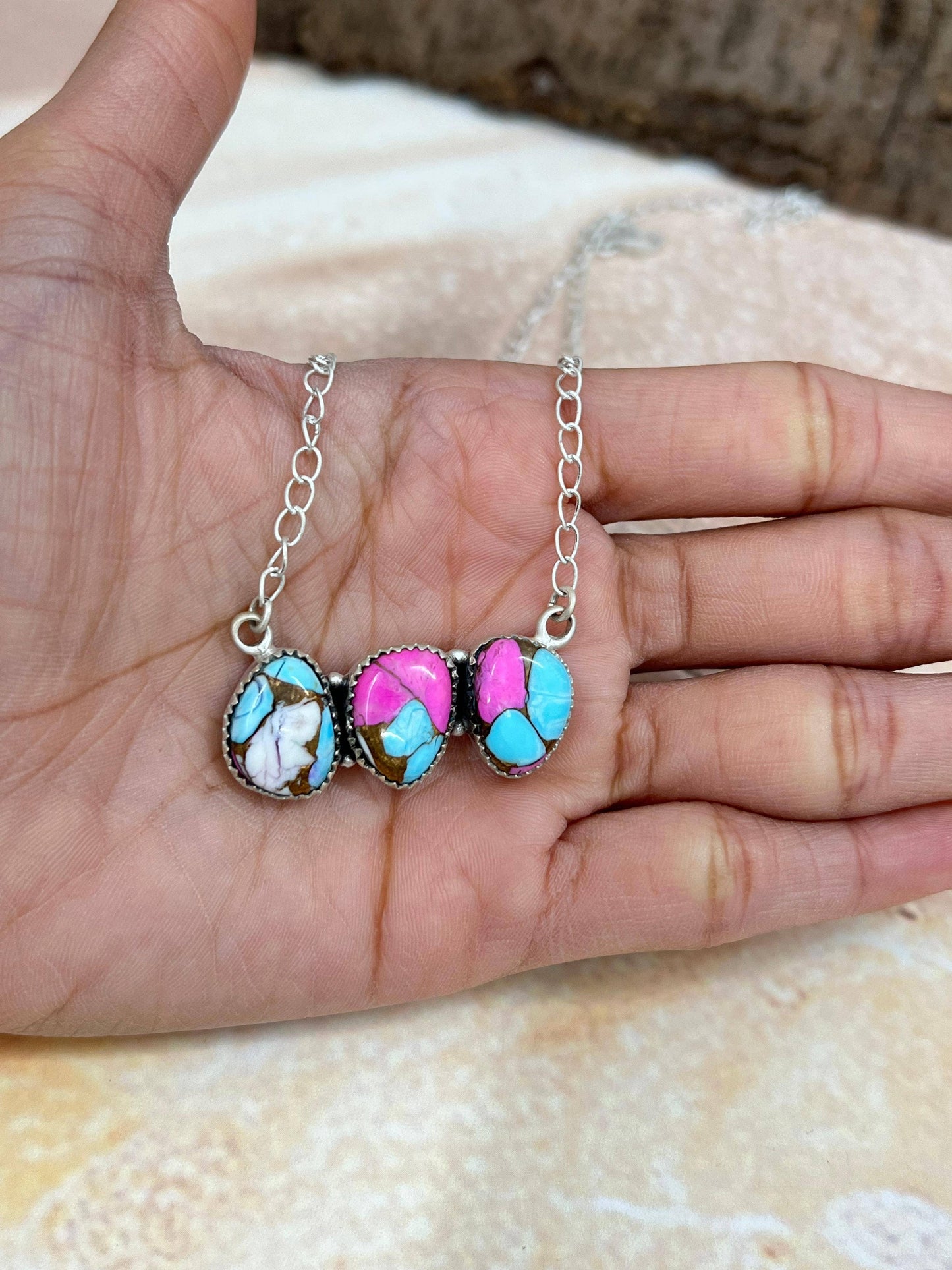 Handmade Sterling Silver Cotton Candy Turquoise Necklace with Signed Nizhoni