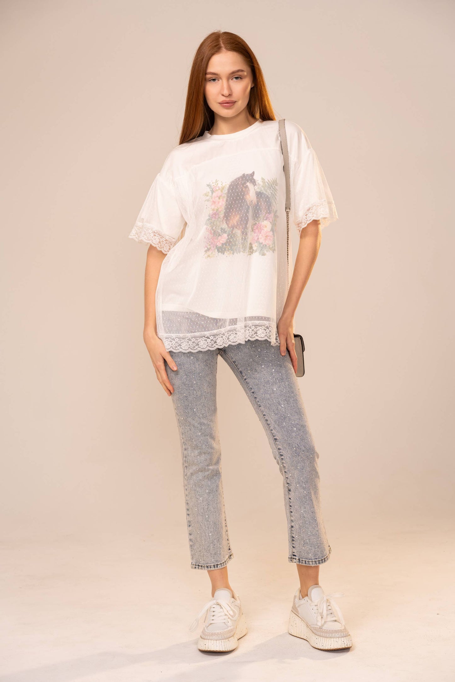 Horse Print Mesh Lace Trim T-Shirt
