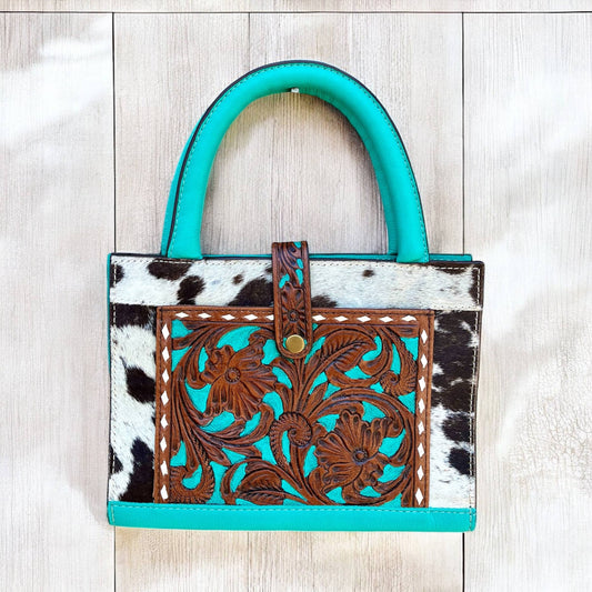Turquoise tooled leather & cowhide book cover 