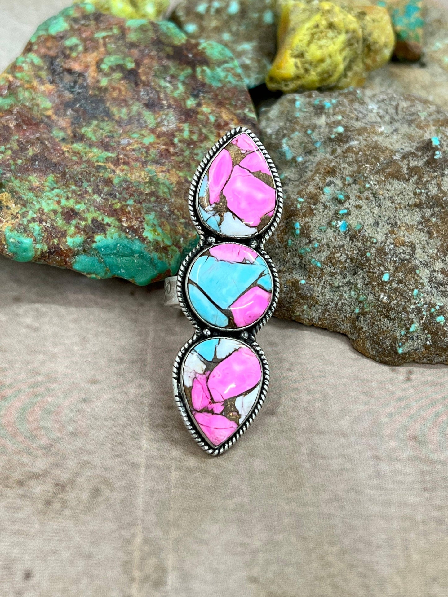 Handmade Sterling Silver Cotton Candy Turquoise Adjustable Ring with Signed Nizhoni