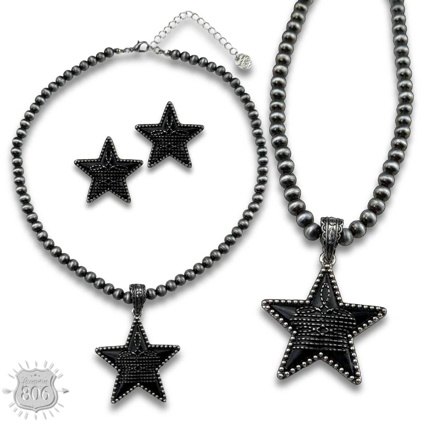 Western boot stitch star necklace and earring set