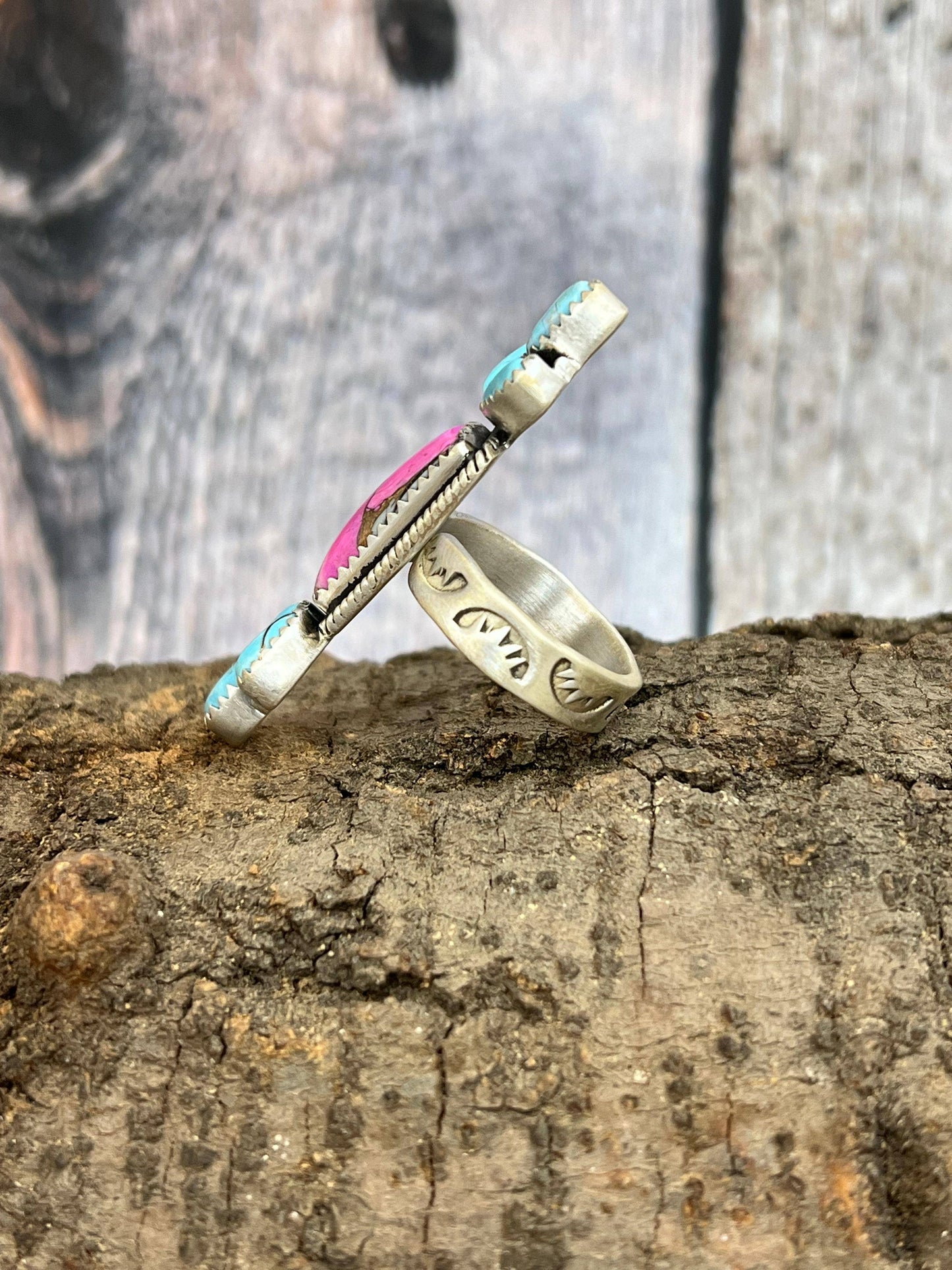 Handmade Sterling Silver Cotton Candy Turquoise Adjustable Ring with Signed Nizhoni