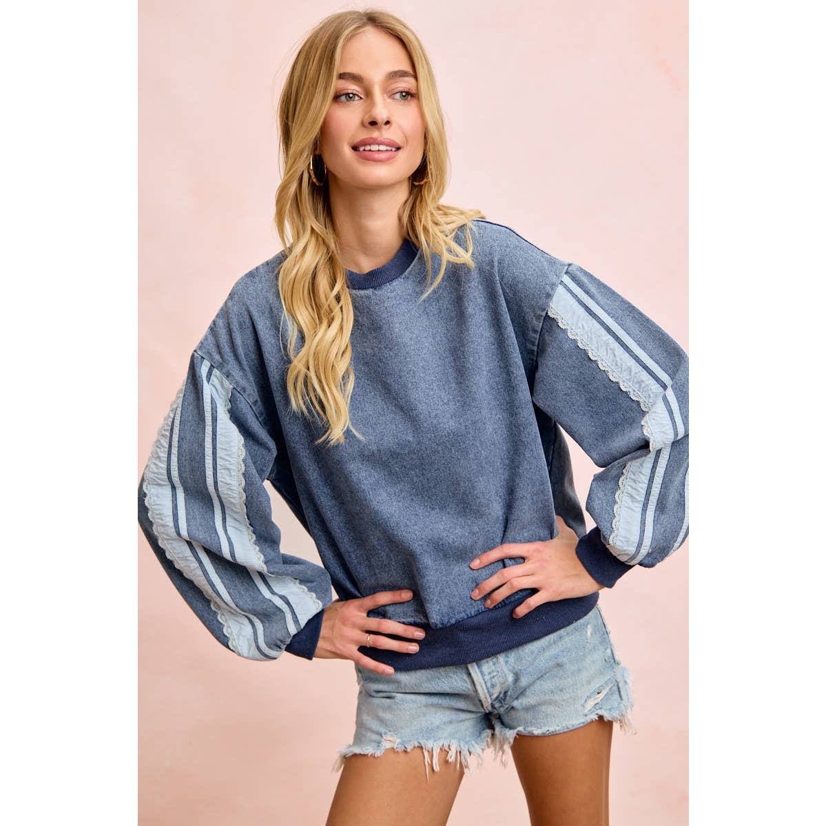WASHED DENIM LACE CONTRAST SIDED SWEATSHIRT TOP