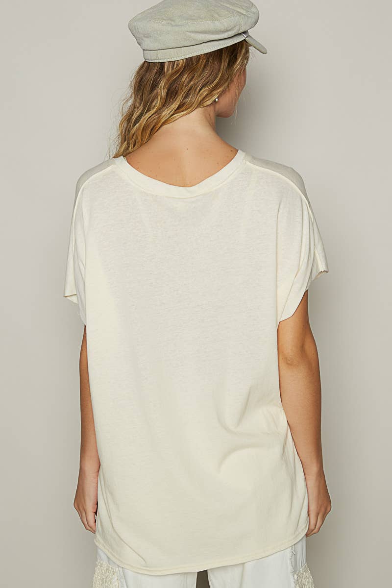 Oversized v-neck front pocket short sleeve solid top SALE