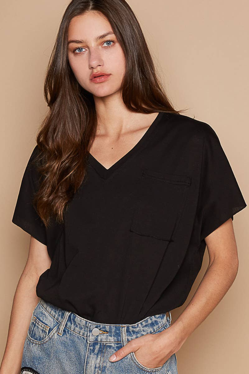 Oversized v-neck front pocket short sleeve solid top SALE