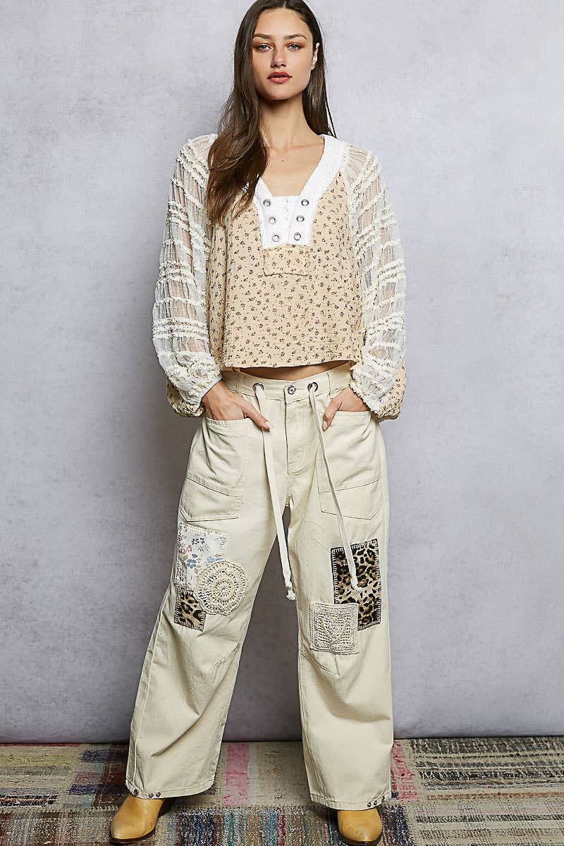 Long Sleeve V neck Lace Contrast Printed Woven Top