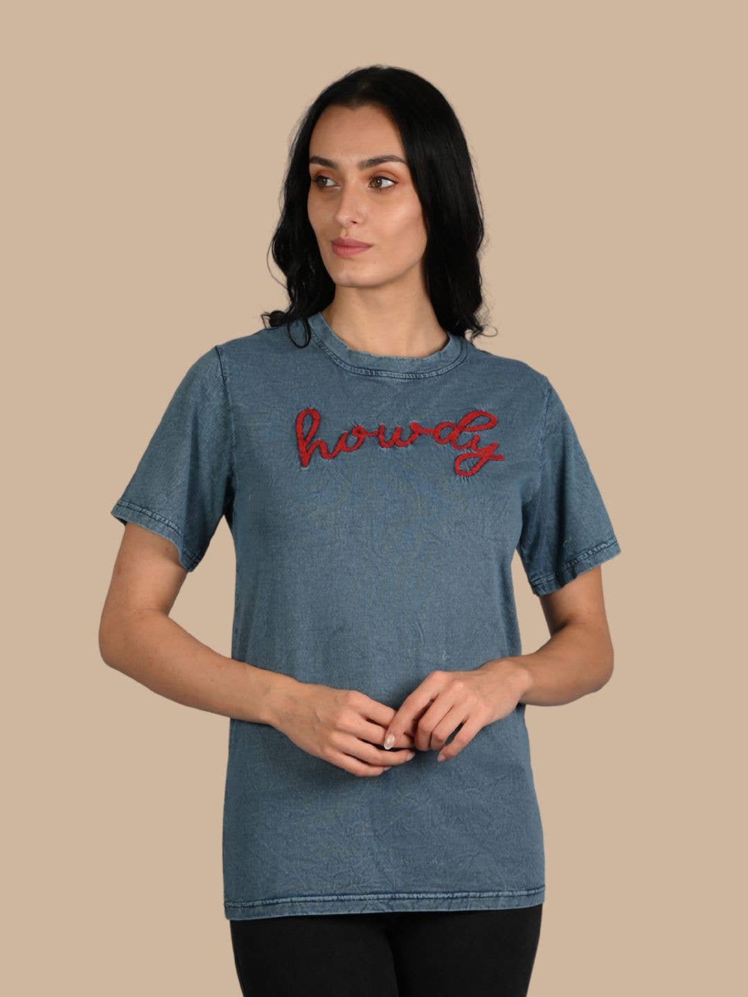 Howdy Embroidered Casual Crew-Neck T-Shirt