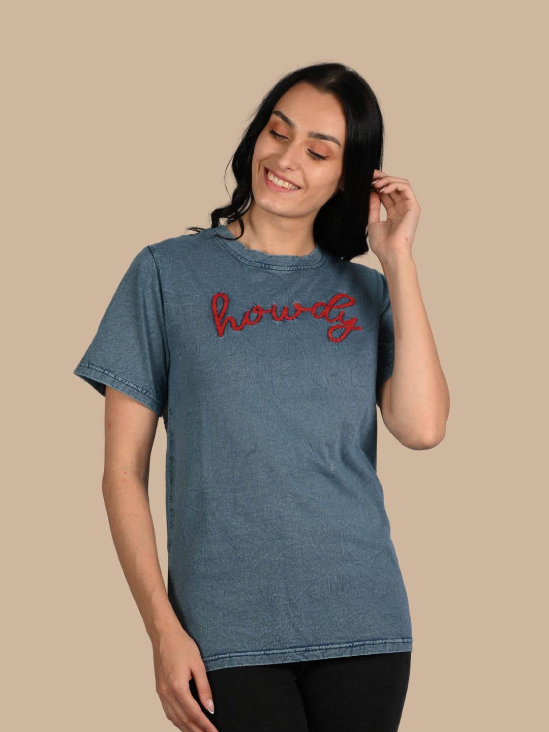 Howdy Embroidered Casual Crew-Neck T-Shirt