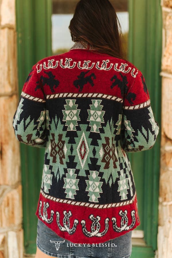 Burgundy Multi Aztec Knitted Cardgian Sweater