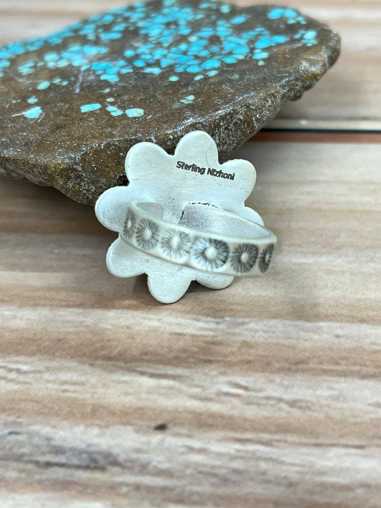 Handmade Sterling Silver Cotton Candy Turquoise Adjustable Ring with Signed Nizhoni