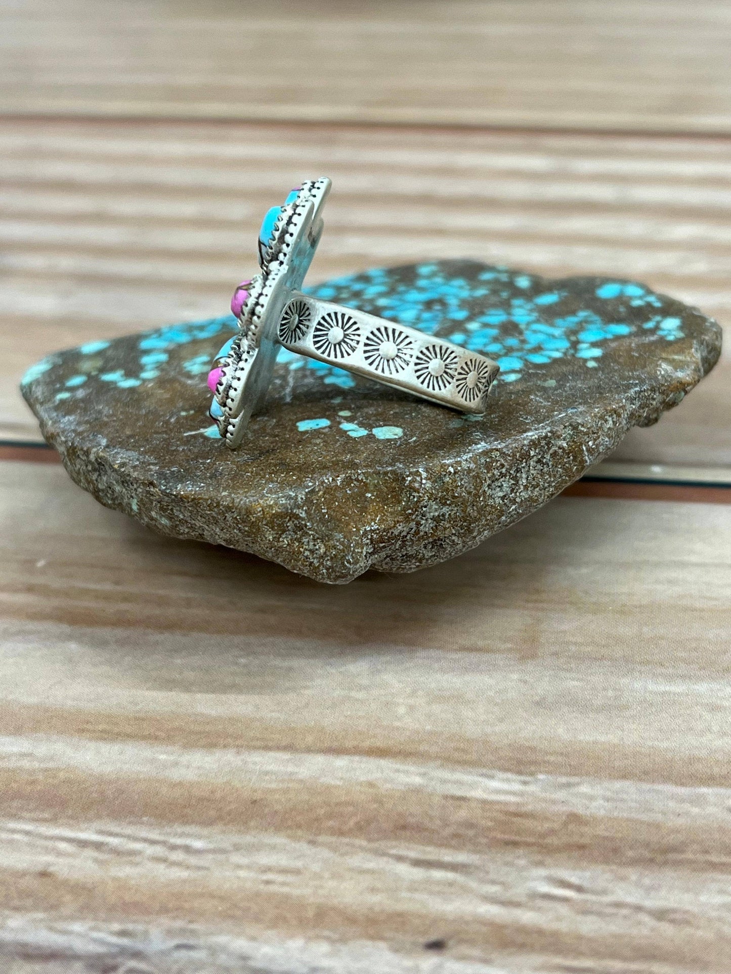 Handmade Sterling Silver Cotton Candy Turquoise Adjustable Ring with Signed Nizhoni