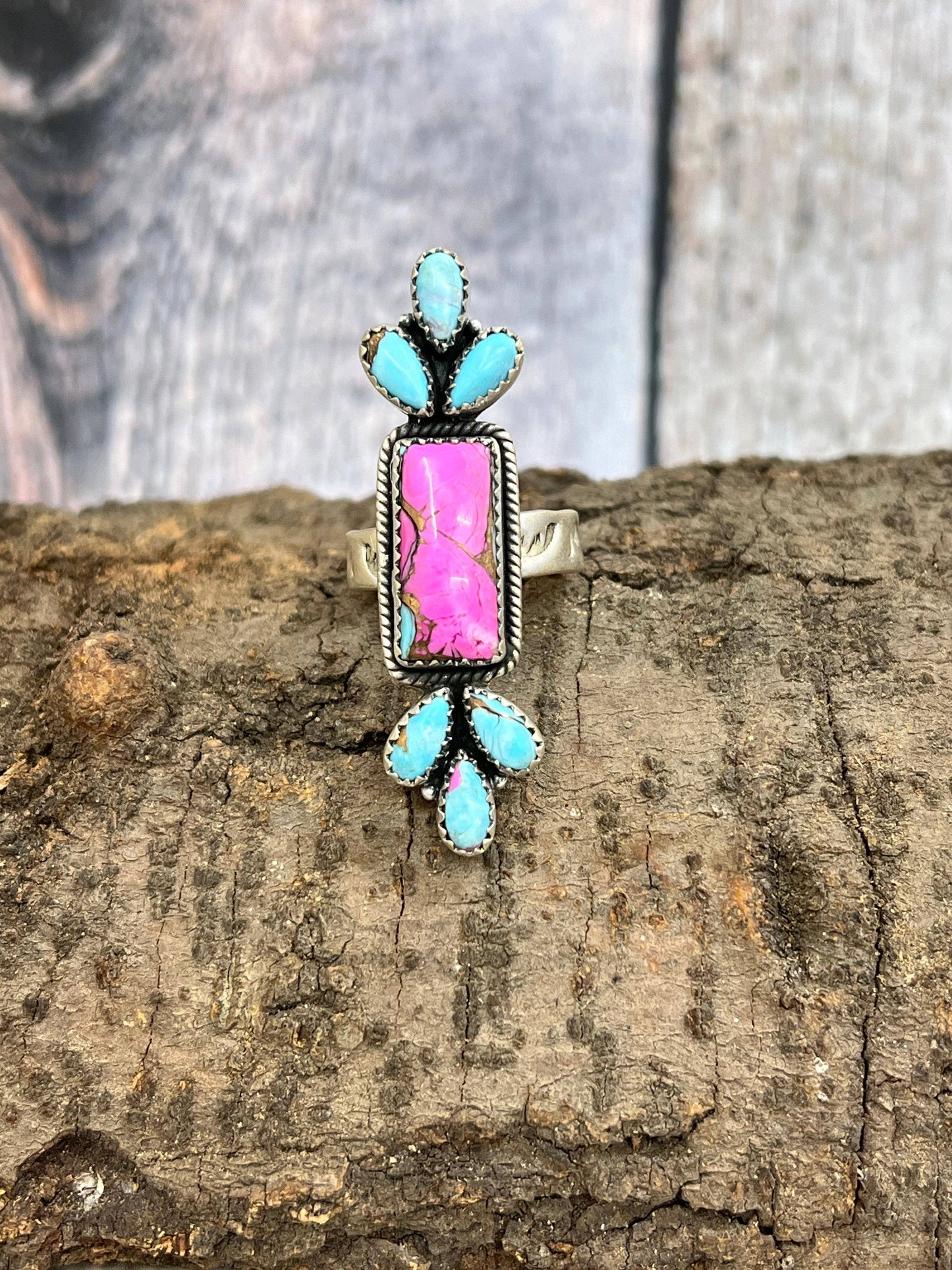 Handmade Sterling Silver Cotton Candy Turquoise Adjustable Ring with Signed Nizhoni