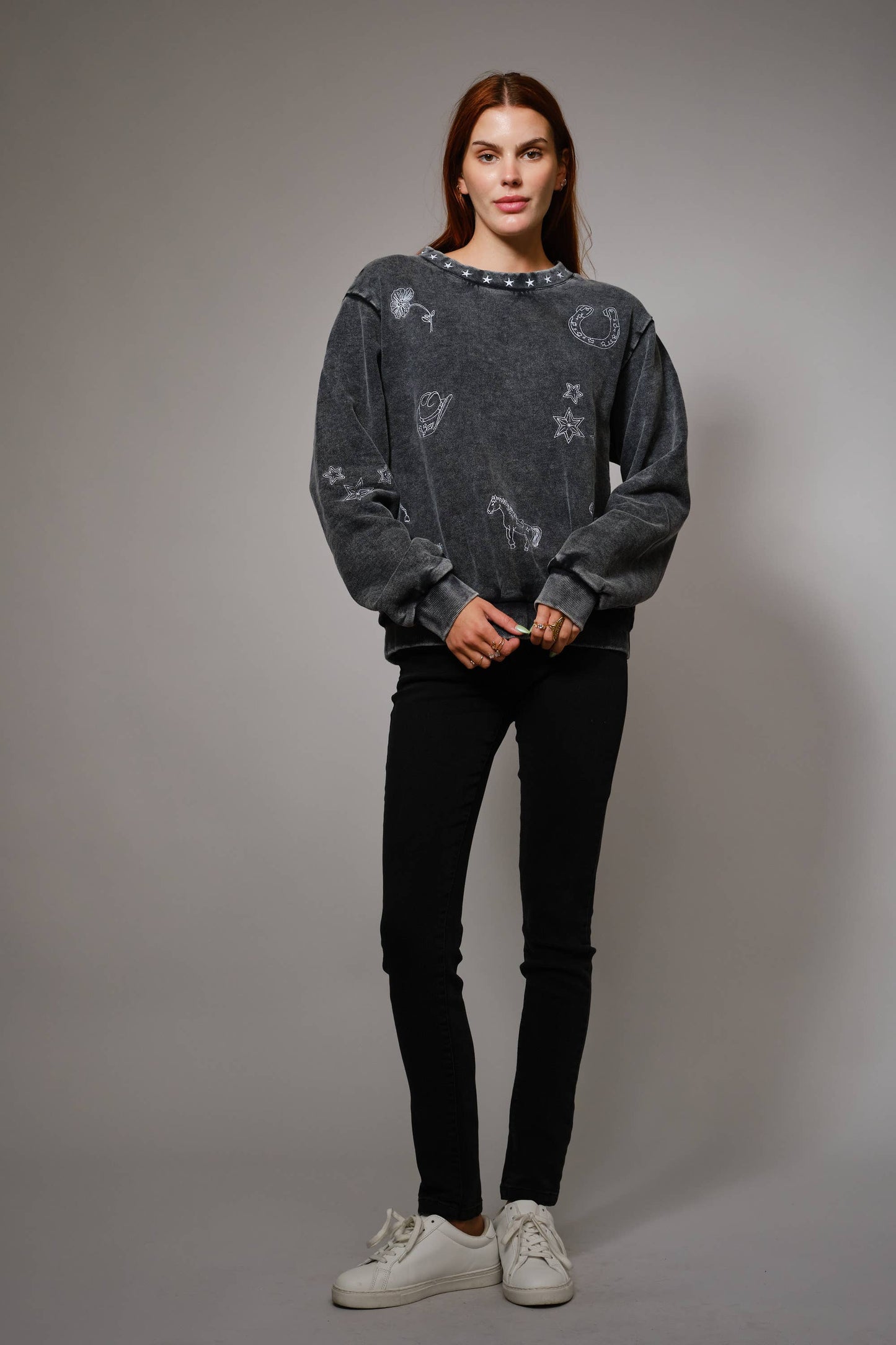 Mineral Wash Western Embroidered Sweatshirt