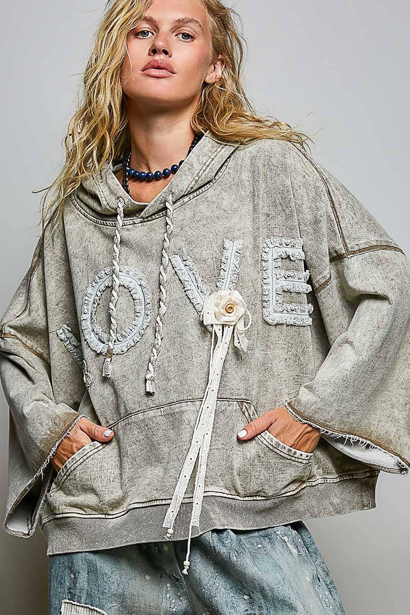 Vintage-washed French Terry LOVE Lace Crochet Patch Hoodie