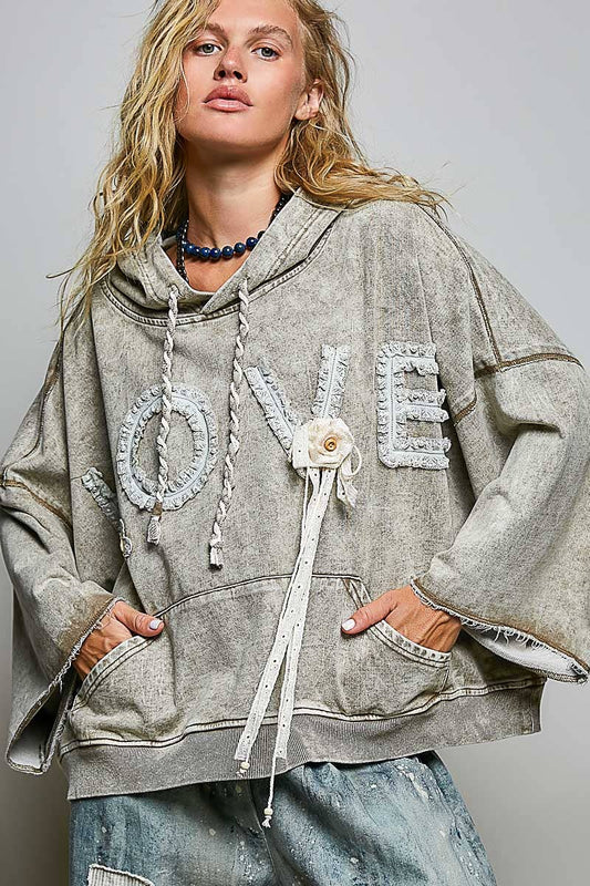 Vintage-washed French Terry LOVE Lace Crochet Patch Hoodie