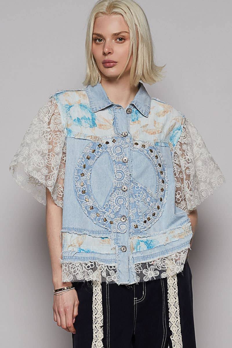Short sleeve denim lace peace patch solid jacket