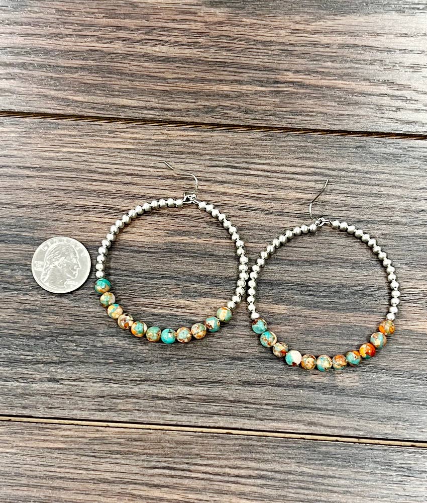 65mm Hoop, Gemstone, Silver Navajo Bead Earrings