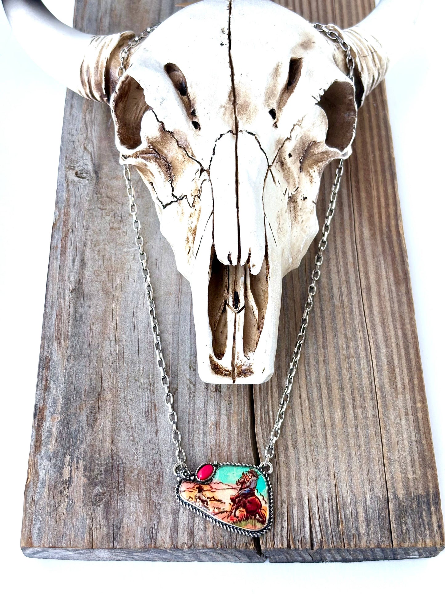 Western Rodeo Scenery with Stone Pendant Necklace