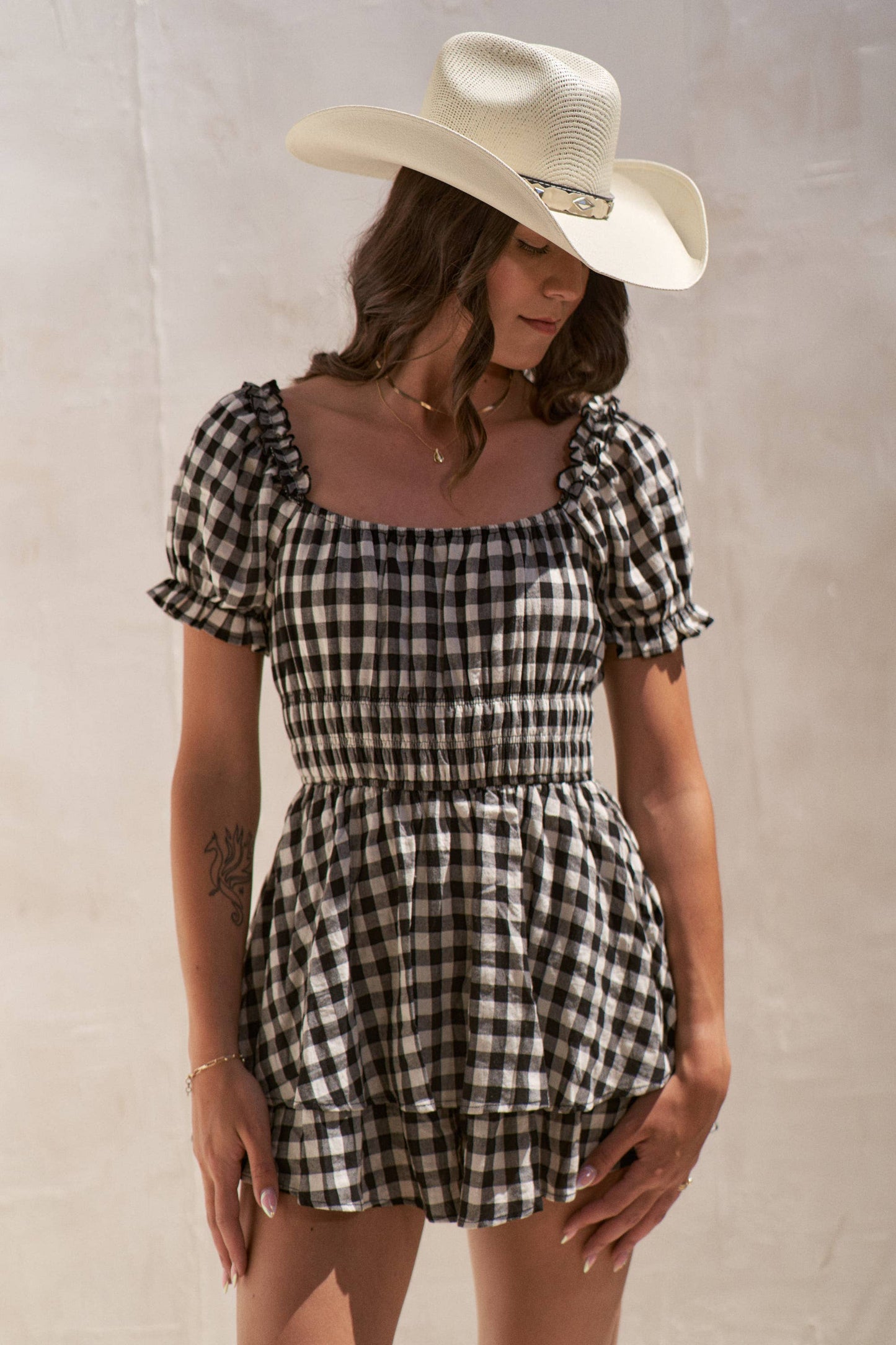 GINGHAM PRINT PUFF SLEEVE ROMPER