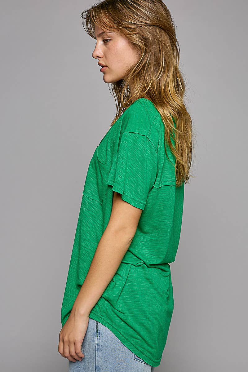 Scoop Neck Rayon Slub Tee with Pocket Front and Short Sleeve