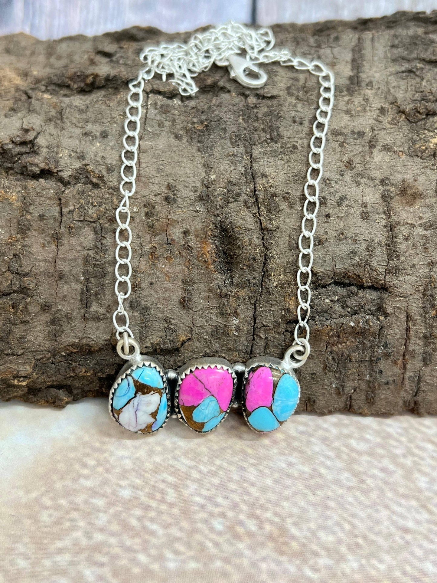 Handmade Sterling Silver Cotton Candy Turquoise Necklace with Signed Nizhoni