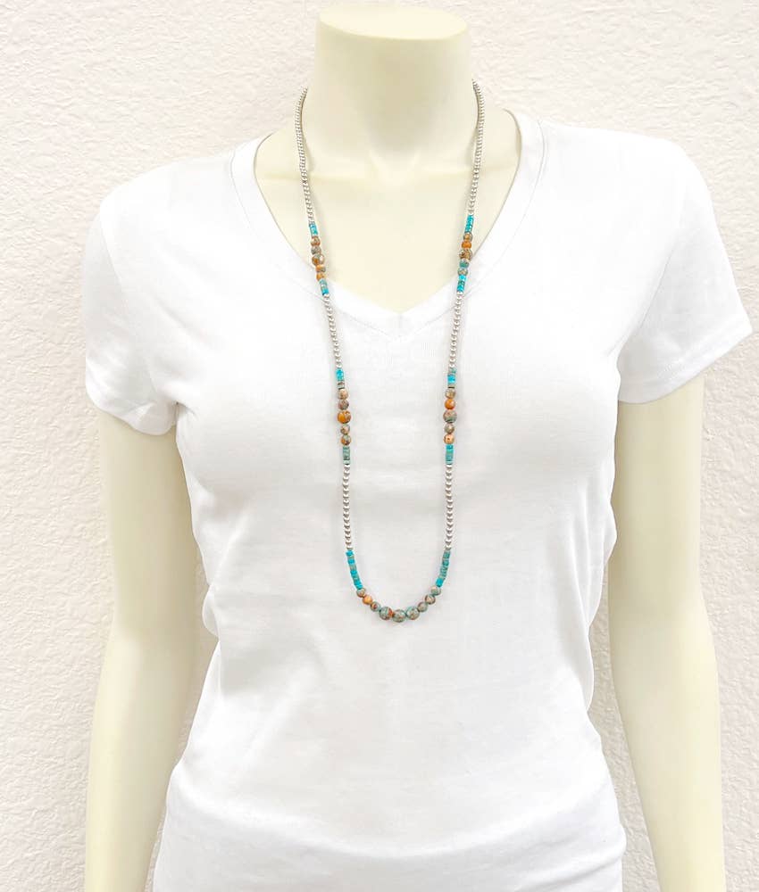 34" Clustered Gemstone, Silver Navajo Necklace