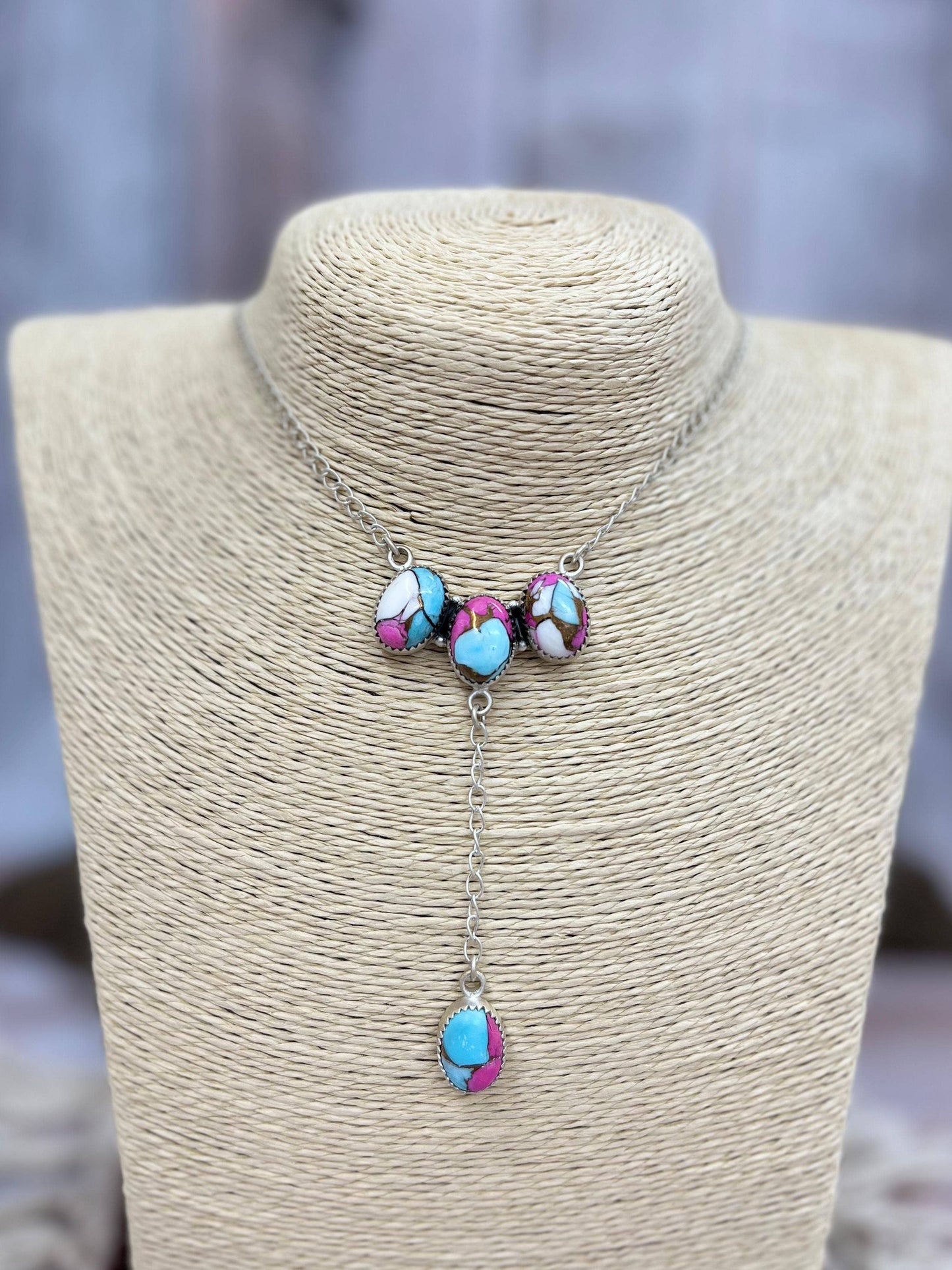 Handmade Sterling Silver Cotton Candy Turquoise Necklace with Signed Nizhoni