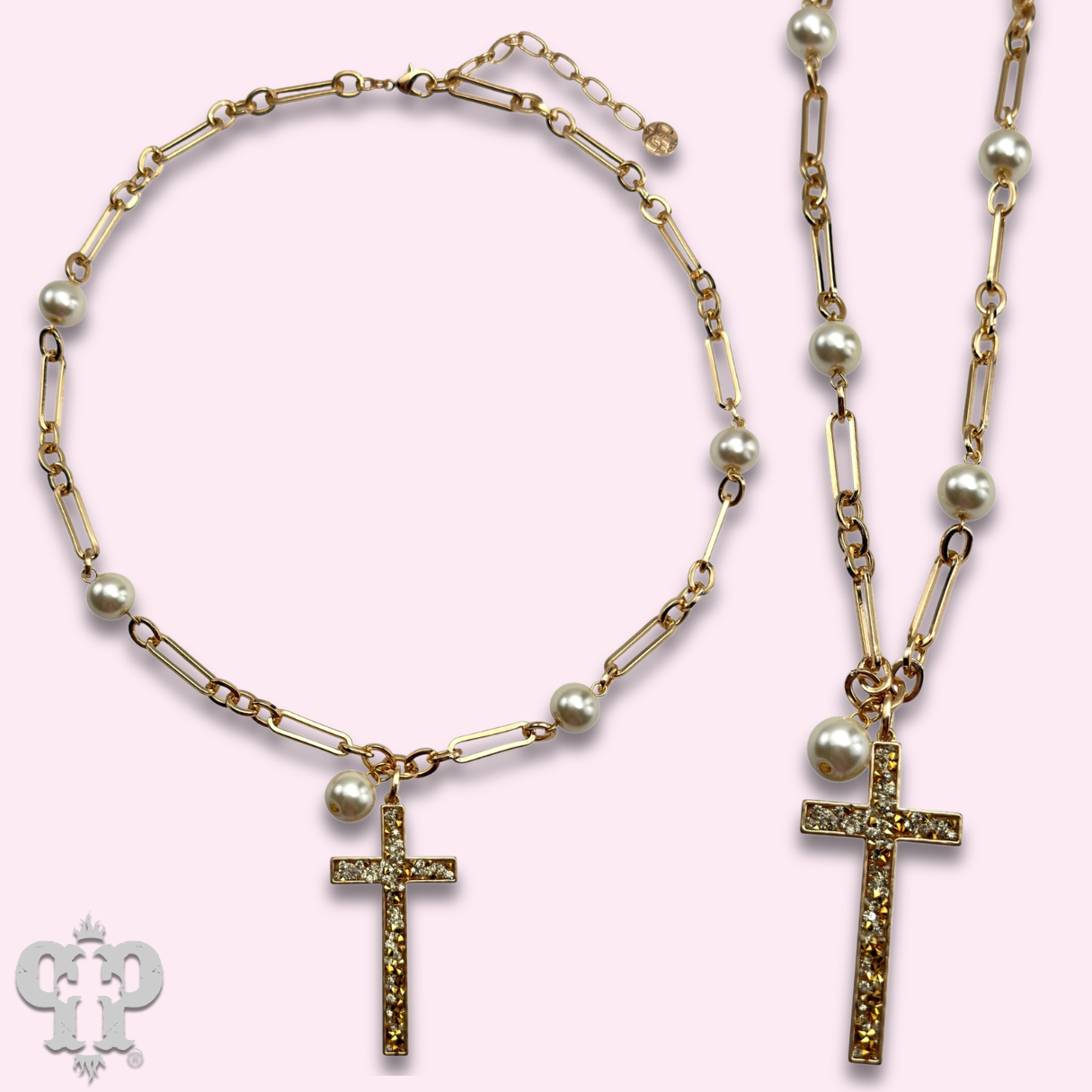 Gold and pearl bead necklace with cross pendant