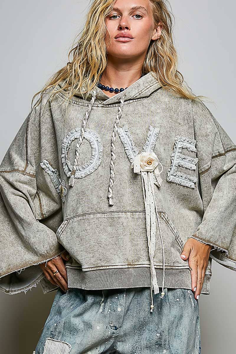 Vintage-washed French Terry LOVE Lace Crochet Patch Hoodie