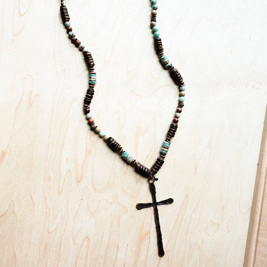 **Aqua Terra Wood Necklace with Copper Cross 237d