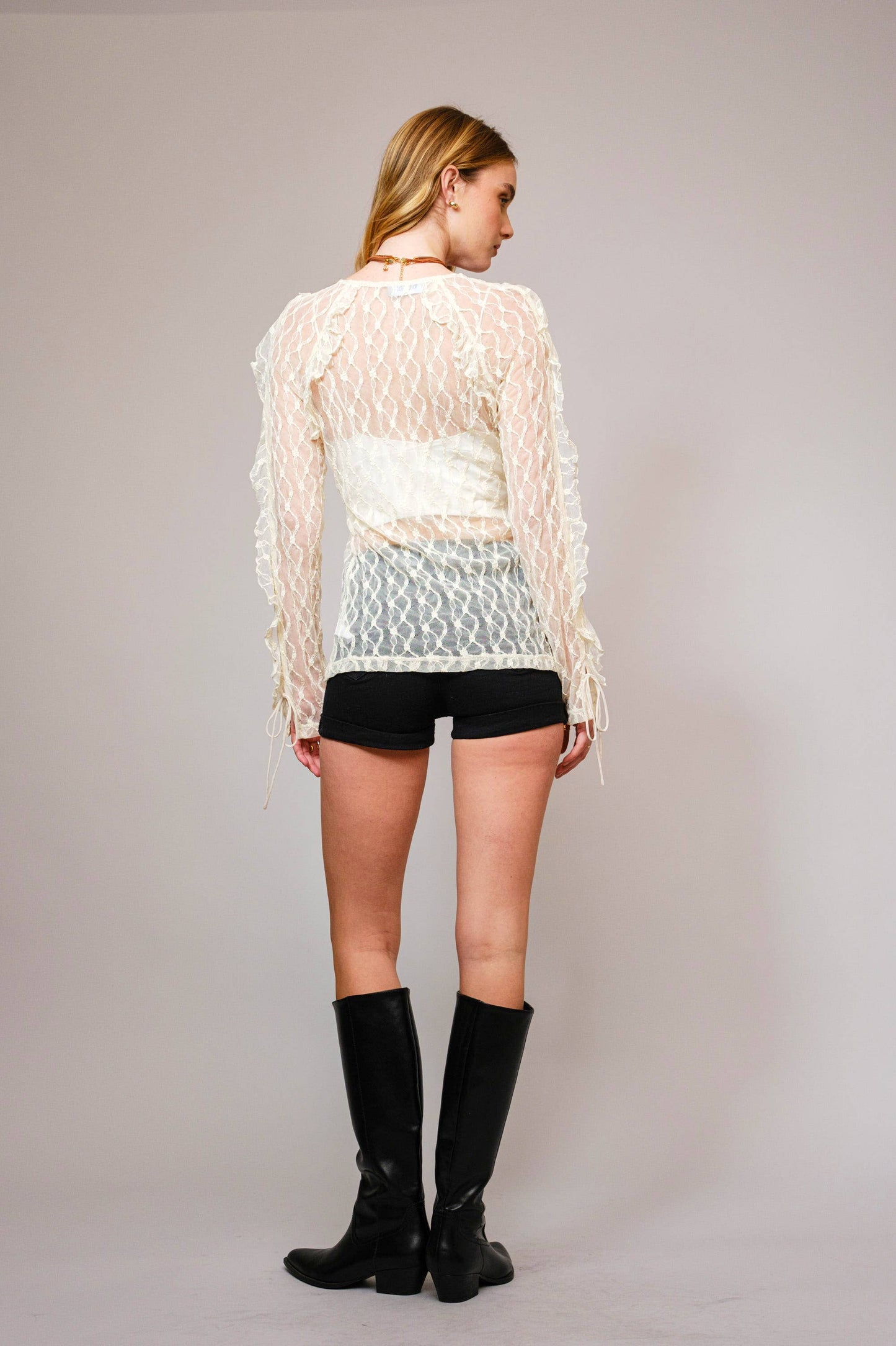 Sheer Ruffle Lace Tie Front Blouse