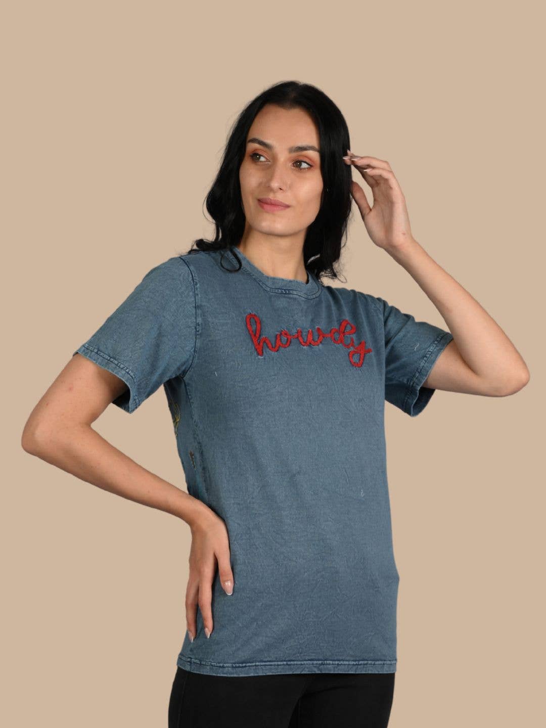 Howdy Embroidered Casual Crew-Neck T-Shirt