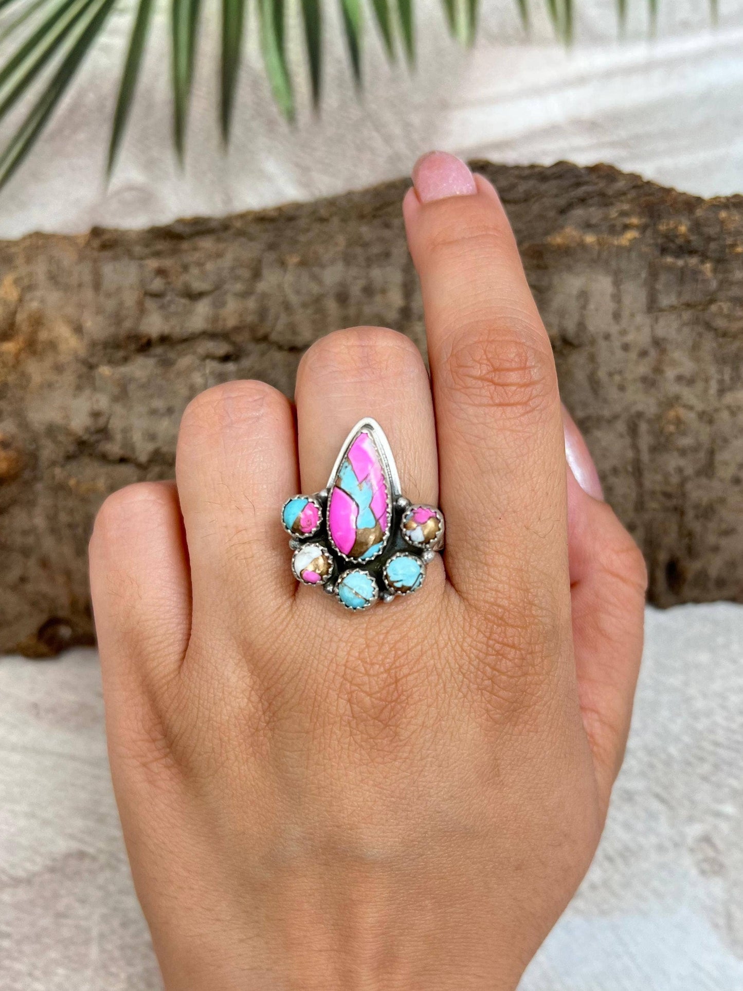 Handmade Sterling Silver Cotton Candy Turquoise Adjustable Ring with Signed Nizhoni