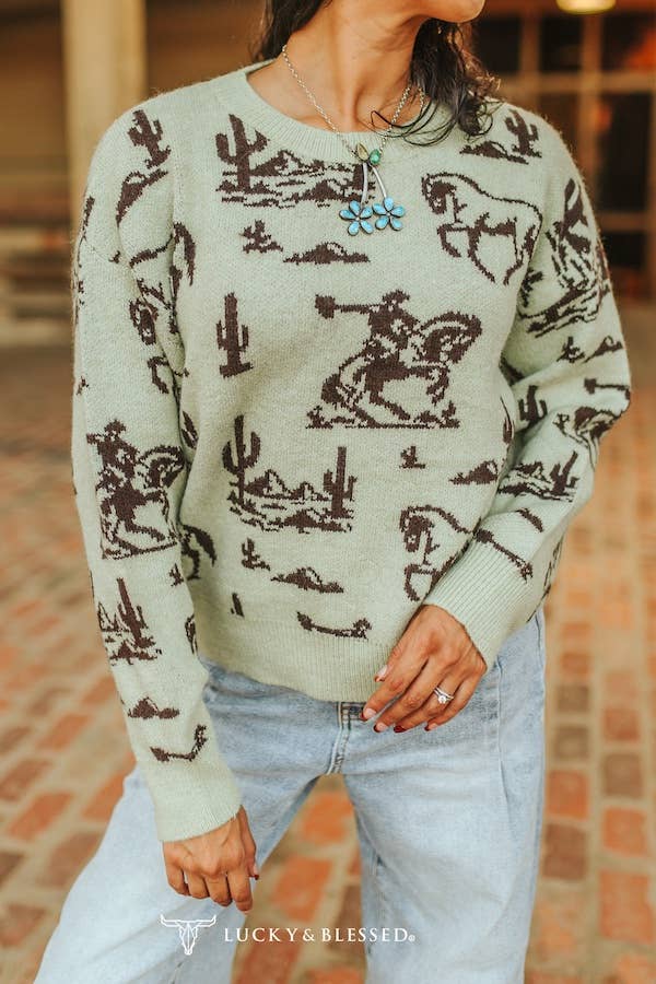Olive Western Desert Printed Knitted Long Sleeve Sweater