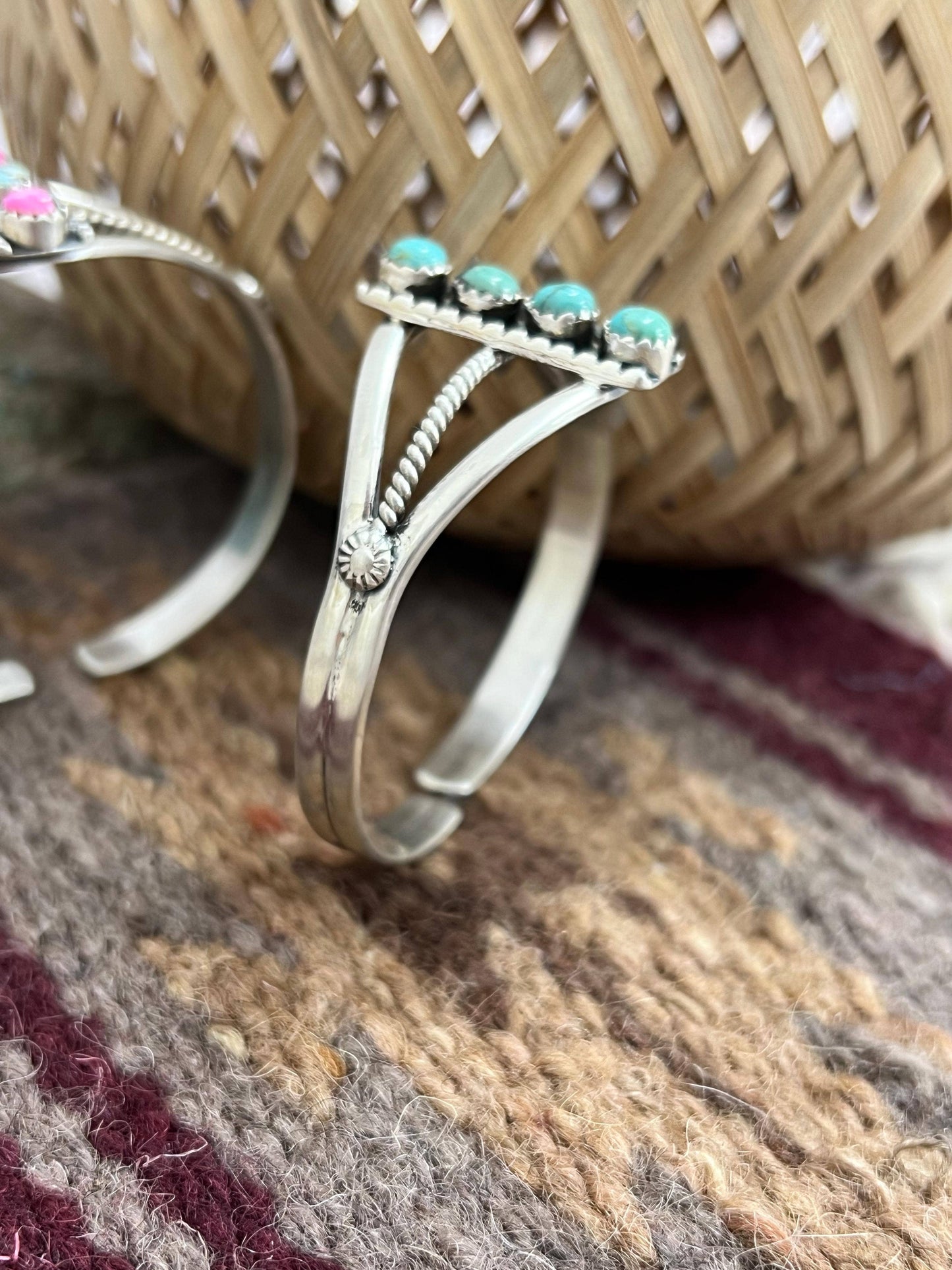 Handmade Sterling Silver Cotton Candy, Kingman Turquoise Cuff Bracelet with Signed Nizhoni