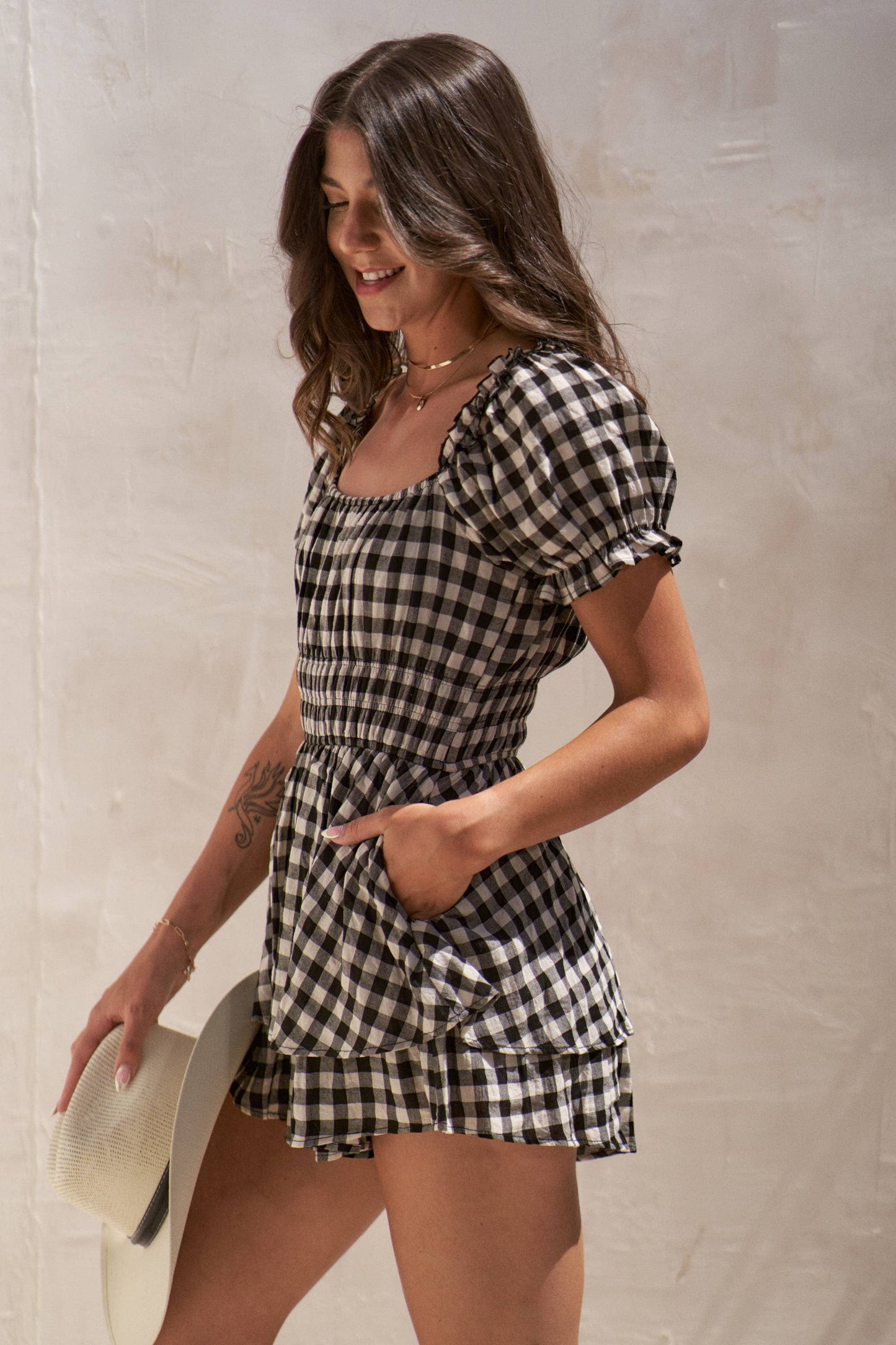 GINGHAM PRINT PUFF SLEEVE ROMPER