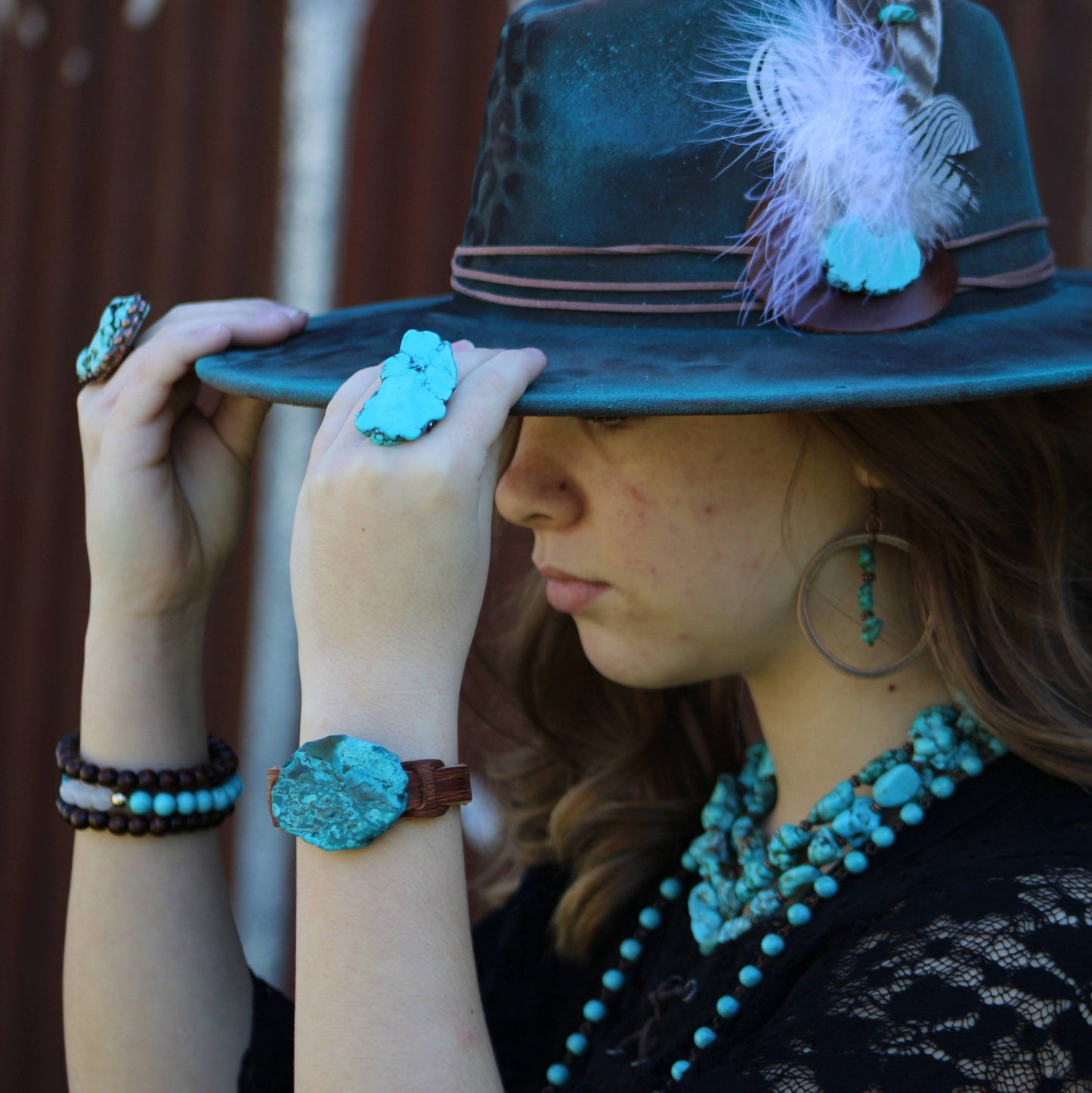 Copper Hoop Earrings w/ Blue Turquoise and Copper