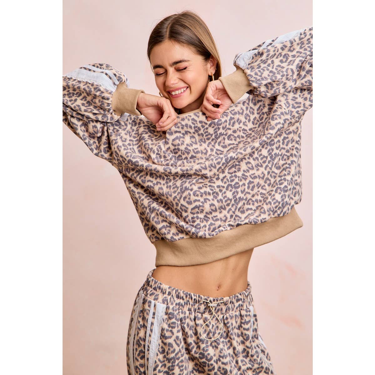 LEOPARD FRENCH TERRY LACE CONTRAST SWEATSHIRT TOP