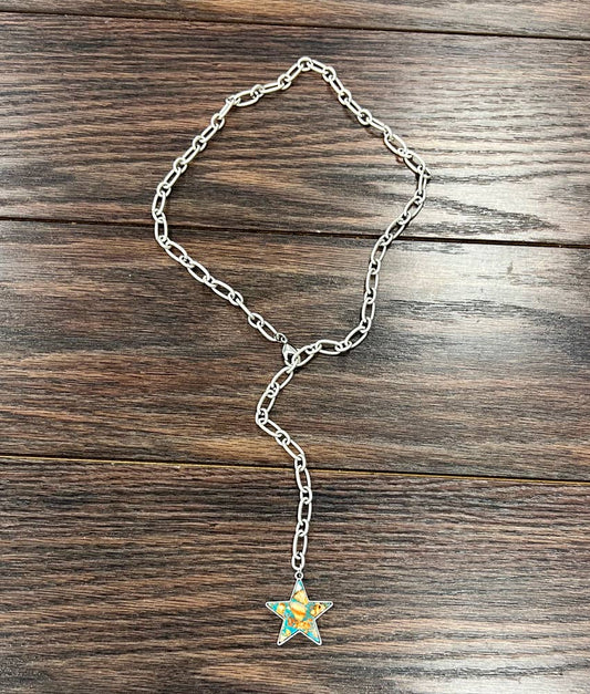 737946, Lariat Star Gemstone Necklace
