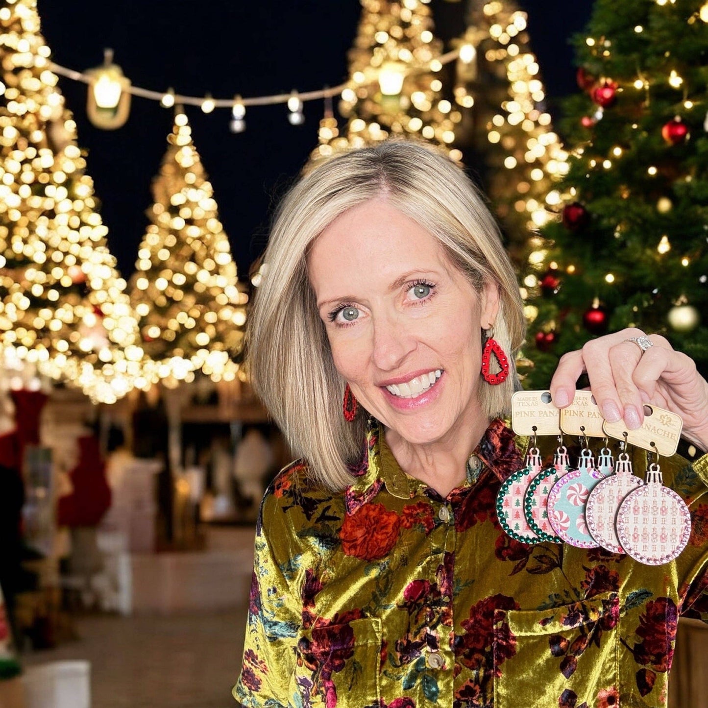 Christmas print ornament earring with Austrian crystals
