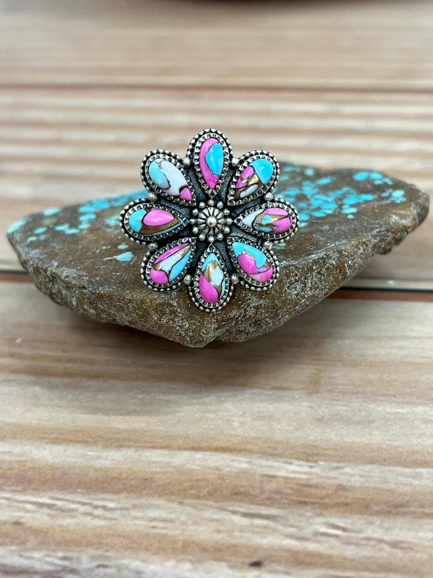 Handmade Sterling Silver Cotton Candy Turquoise Adjustable Ring with Signed Nizhoni