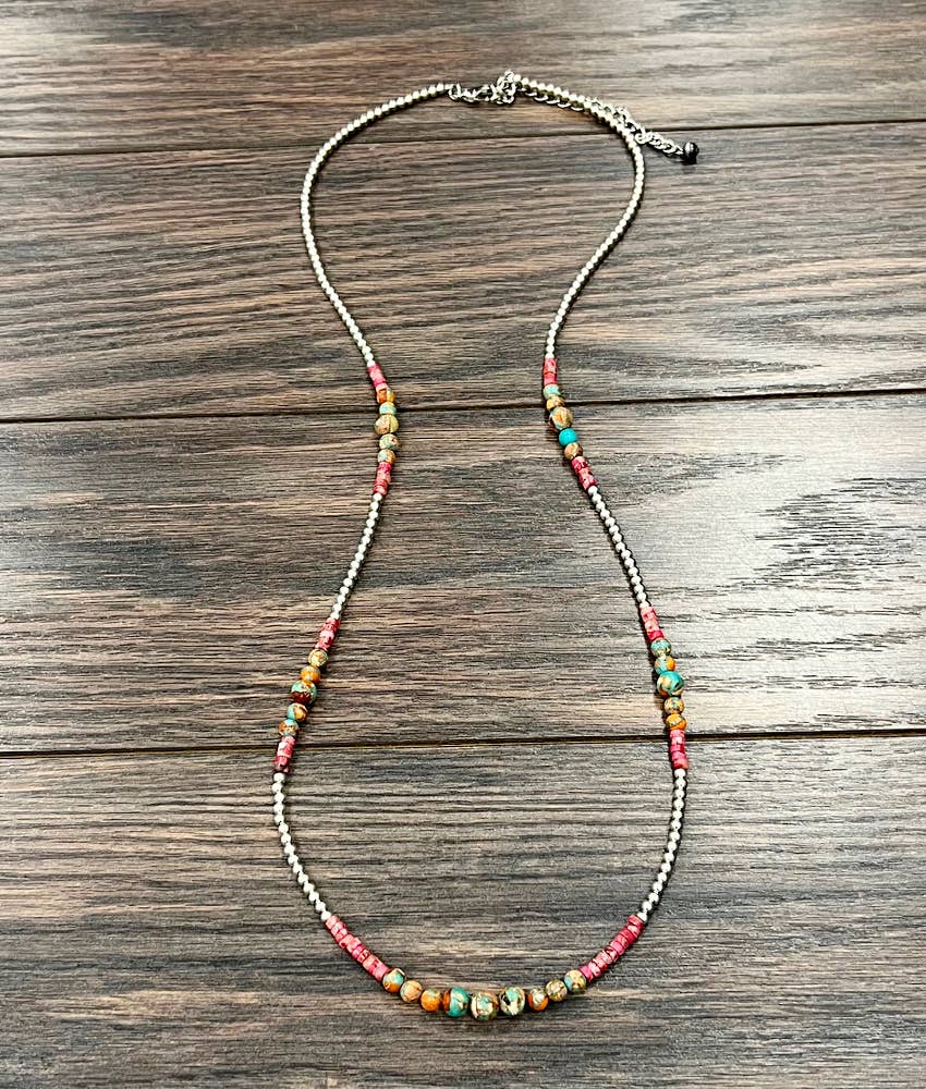 34" Clustered Gemstone, Silver Navajo Necklace