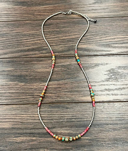 34" Clustered Gemstone, Silver Navajo Necklace