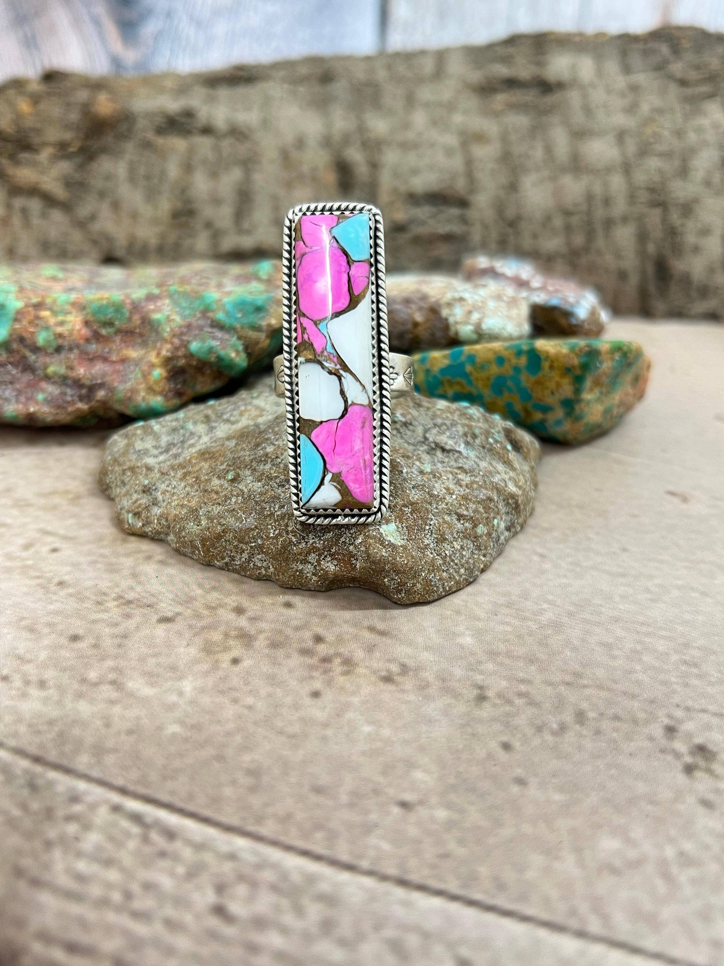 Handmade Sterling Silver Cotton Candy Turquoise Adjustable Ring with Signed Nizhoni