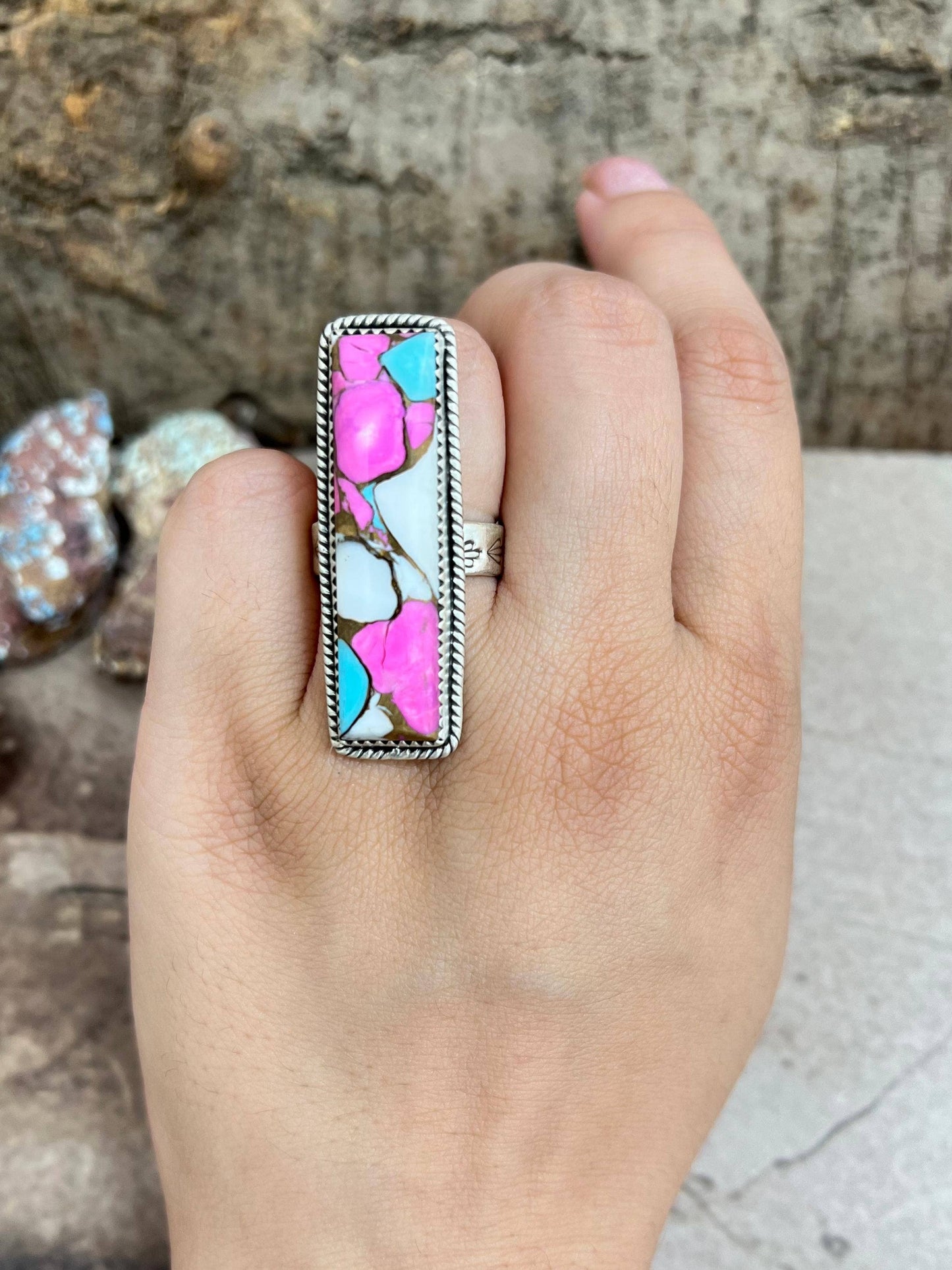 Handmade Sterling Silver Cotton Candy Turquoise Adjustable Ring with Signed Nizhoni