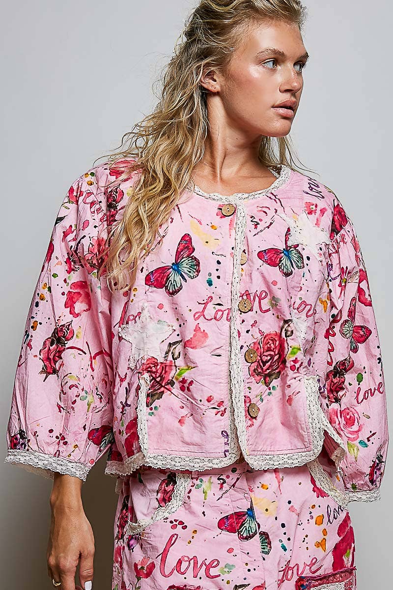 Lace Trimmed Placket Printed Vintage Star Appliqués Jacket