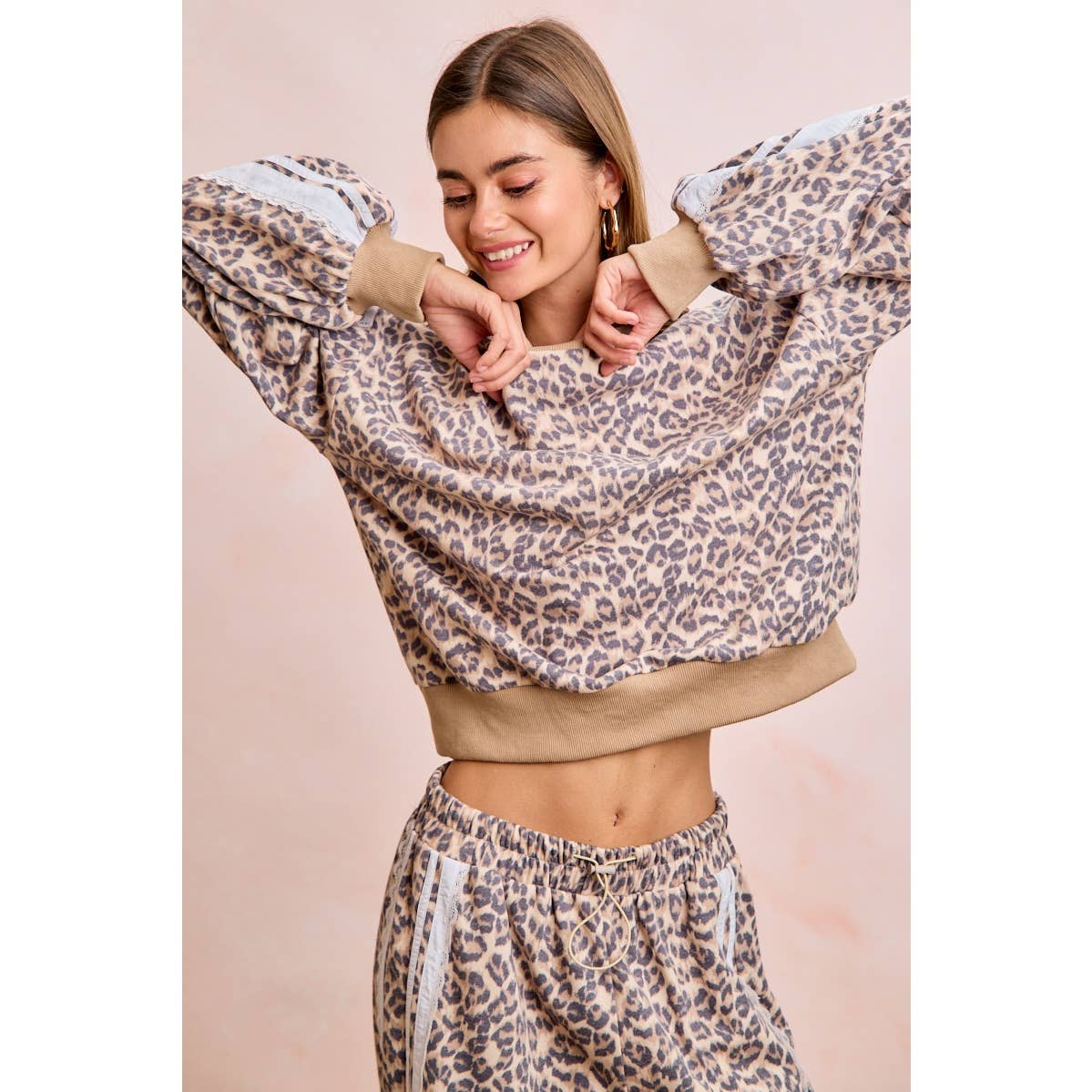 LEOPARD FRENCH TERRY LACE CONTRAST SWEATSHIRT TOP