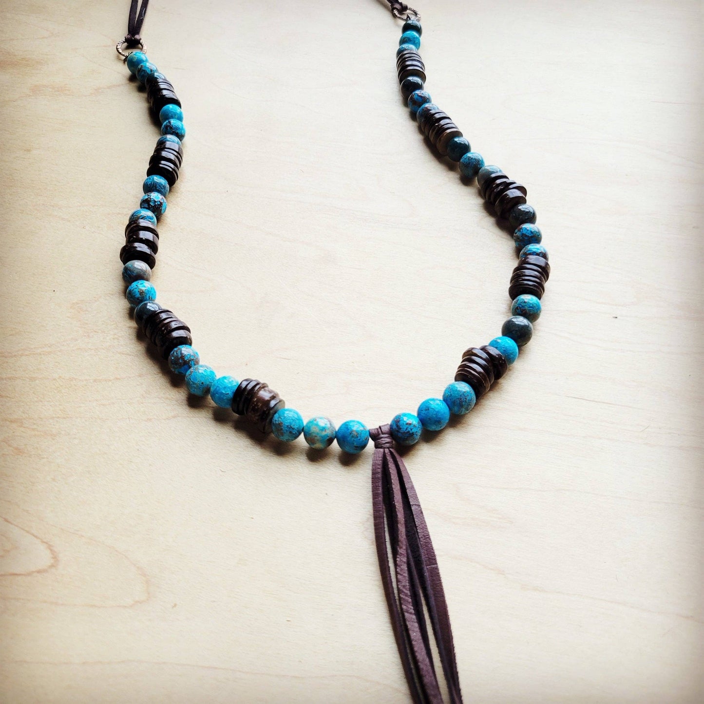 **Ocean Agate Necklace with Wood Beads and Leather Tassel